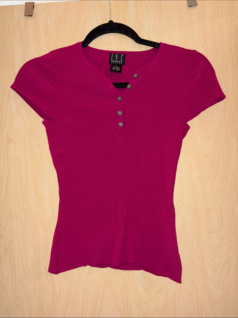 INC International Concepts Fuchsia Ribbed Henley Short Sleeve Top